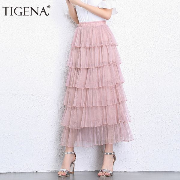 

tigena long maxi tulle skirt women fashion 2019 summer korean school high waist black pink white mesh tiered skirt female