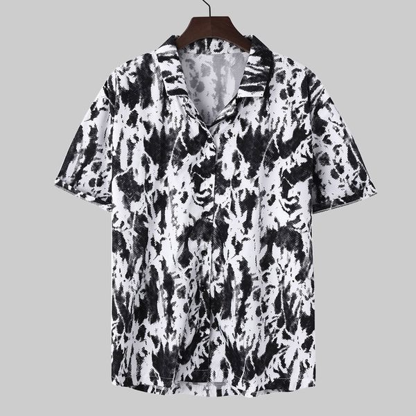 

feitong моды случайные мужские рубашки топы летние новые мужские отворот черно-белые полосатые печати с короткими рукавами свободные рубашки, White;black