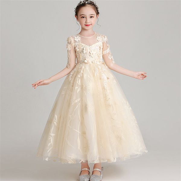

children girls elegant appliques florals half-sleeves birthday wedding party princess long dress model show catwalk host dress, Red;yellow