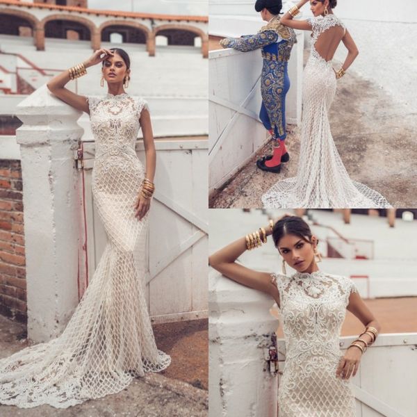 

julie vino свадебные платья русалка 2019 высокая шея полная кружева с короткими рукавами свадебные платья с открытой спиной и свадебное плат, White