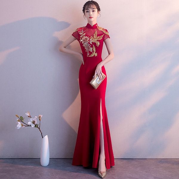 

lace slim ladies evening party dress elegant chinese bride wedding qipao vintage short sleeve cheongsam size s-xxl, Red