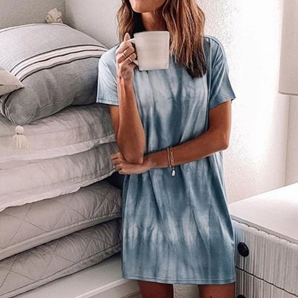 

casual dresses 2021 women tie-dye dress light blue colorful print o-neck knee length night party bodycon vestidos homewear#g4, Black;gray
