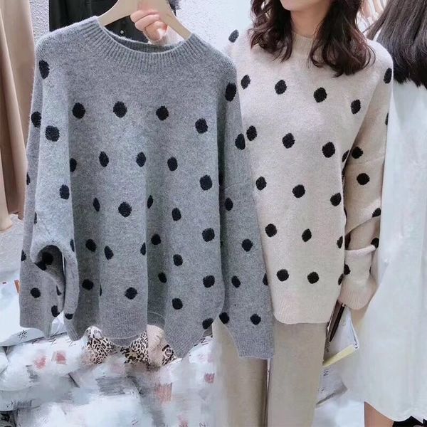 

winter clothes women 2019 korean style vintage polka dot oversized sweater knitted pullover knitwear grey khaki pull femme t373, White;black