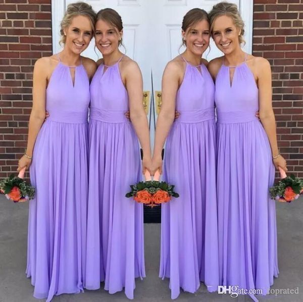 

lavender long beach a line bridesmaid dresses halter neck chiffon pleats backless maid of honor gowns wedding guest dress, White;pink