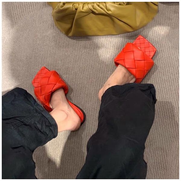 

2020 women slides square toe weave flat slippers designer summer outdoor slipper women beach sandals, Black