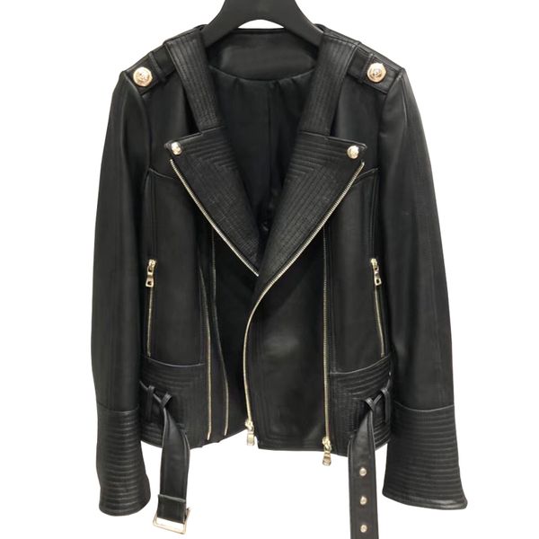 

womens leather jacket belt sheepskin jacket short lambskin black female genuine leather overcoat ladies biker clothing