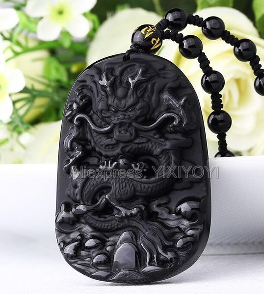 

drop ship beautiful 55x42mm chinese handwork natural black obsidian carved dragon amulet lucky pendant + beads necklace jewelry, Silver
