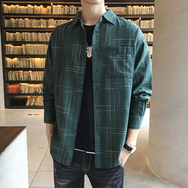 

men's casual shirts helisopus fashion men shirt long sleeve polyester plaid turn-down collar loose streetwear youth large size top, White;black