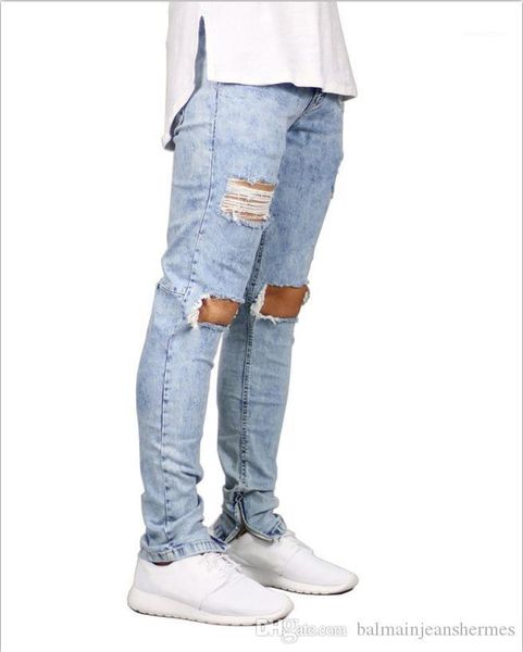 

карандаш брюки мужские промытые брюки с застежкой-молнией рваные мужские дизайнерские джинсы мода черный, Blue