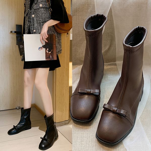 

white mid-calf boots brand women's shoes winter footwear booties ladies low heels booties boots-women lace up round toe short, Black