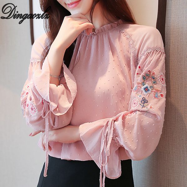 

dingaozlz autumn 2019 new women lace blouse female embroidery flare sleeve bow tie casual chiffon shirt blusa, White