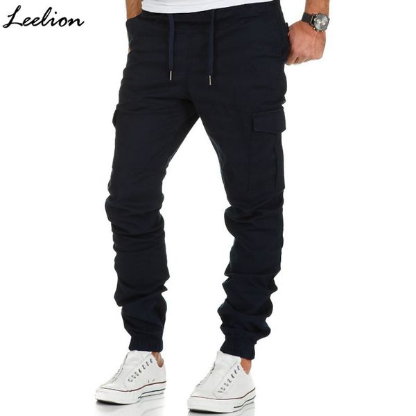 

leelion 2018 new cargo pants men fashion casual leggings multi-pocket solid men's trousers elasticity drawstring loose pants man, Black