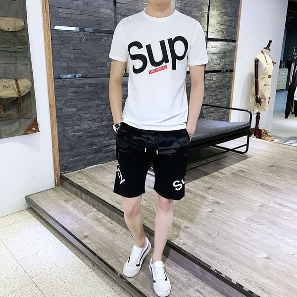 

mens designer casual sports suit cotton short sleeve t-shirt five pants shorts two-piece men, White;black