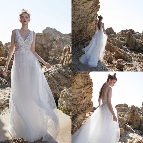 

dreamy a line wedding dresses tulle applique sequins wedding dresses v neck sweep train bridal gowns vestidos de novia, White