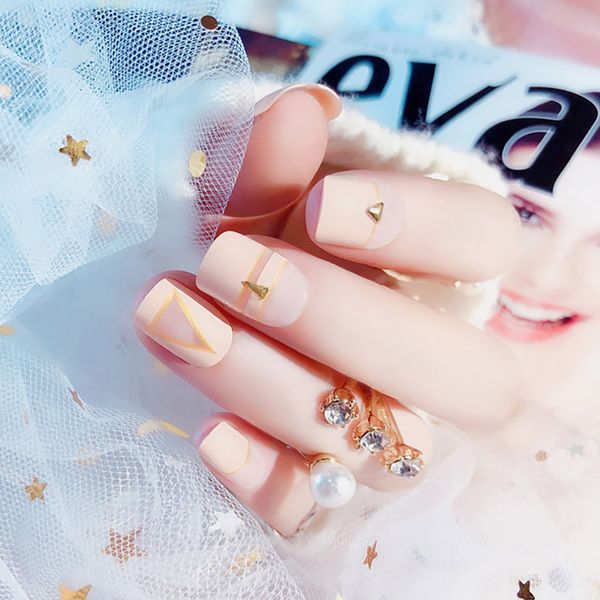 

girls cute 3d rivet fake nails middle-long size full cover nail art tips with glue women fashion nude pink color false nails, Red;gold