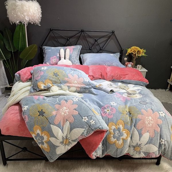 

winter flannel velvet fleece comfortable cartoon flowers printing bedding sets duvet cover bed linen fitted sheet pillowcases