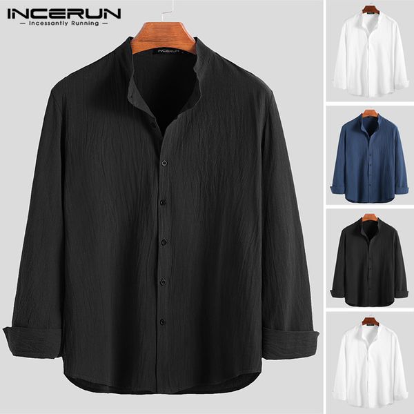 

2019 men leisure chic stand collar button down shirts breathable pure color vintage blouse mens cotton incerun masculina, White;black