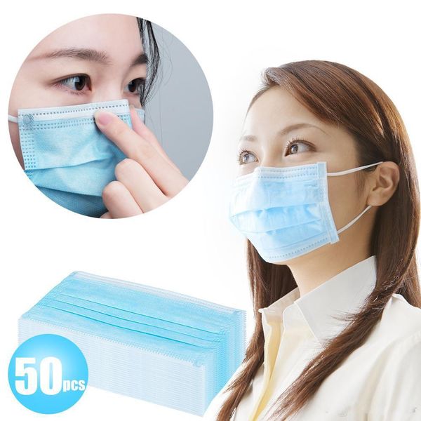 

50pcs disposable mask 3 layer breathable face mask dust protection mouth protective anti pm 2.5 respiratory mask earloops blue