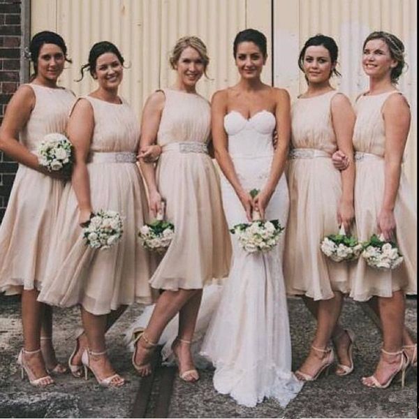 

Elegant Champagne Short Bridesmaid Dresses For country Wedding with Chiffon Sash Beaded Wedding Guest Dress A Line Party Gowns 183