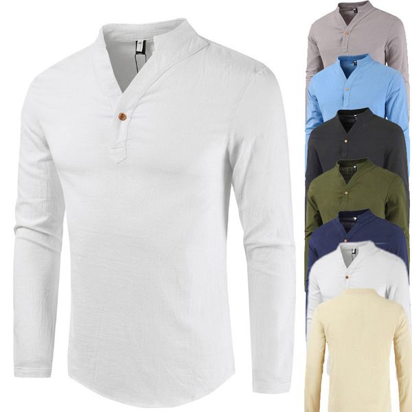 

2019 summer v-neck cotton linen long-sleeved t-shirt men flax large size base shirt men one-button long-sleeved t-shirt, White;black