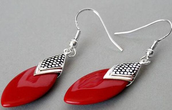 

fabuloso de plata 925 coral rojo plano gota pendientes 14/5", Silver