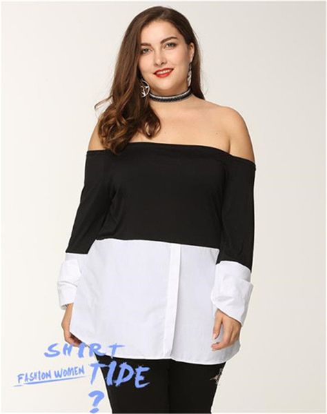 

plus size slash neck blouse for women off shoulder black and white color panelled shirts spring long sleeve