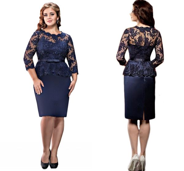 Abiti per la madre della sposa in pizzo blu scuro Plus Size Maniche lunghe trasparenti Abiti da ballo corti Abito da sera grasso con perline al ginocchio AL3443