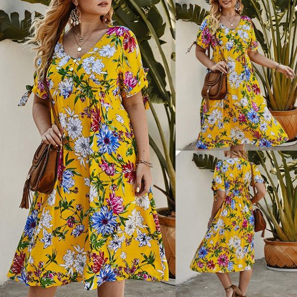 

flower printed summer dress plus size women fashion floral print short sleeve v-neck casual button sundress dress vestidos de ve, Black;gray