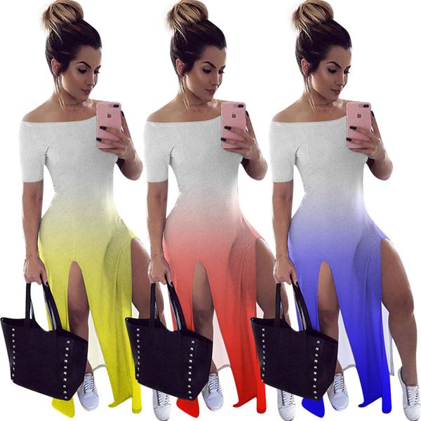 

plus size 2x summer women maxi dress trendy gradient one-piece dress designer high slit bodycon dress off shoulder hip package skirt 3097, Black;gray