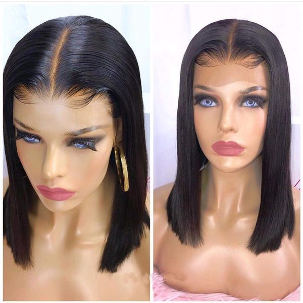 

glueless lace front wigs brazilian huamn hair 13x6 inch deep lace parting yaki straight bob preplucked bleached knots natural hairline, Black;brown
