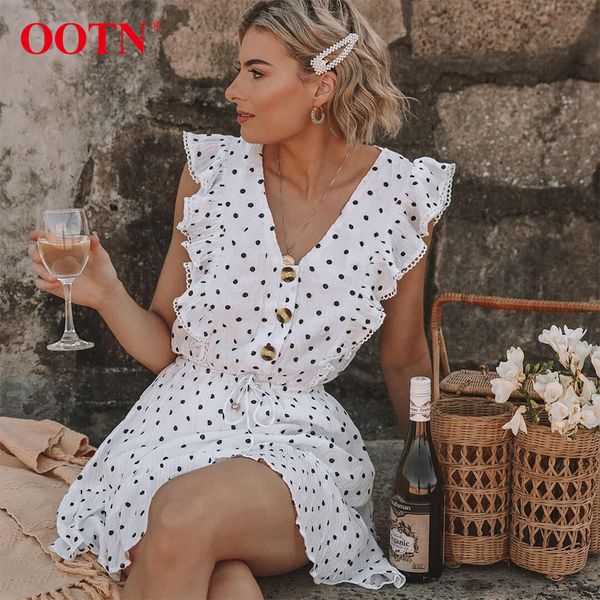 

ootn 2019 повседневный горошек платье белого женщины sundress backless рукавов v-образным вырезом кружева рябить рукавов летние платья женск, Black;gray