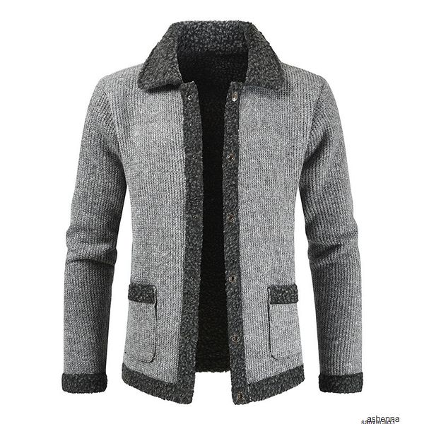 

winter leisure plus velvet thicken lapel single row buckle leisure sweater male knitting coati5lah, Black