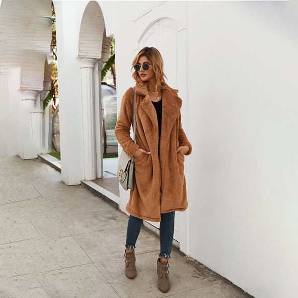 

autumn and winter new long coat woolen coat turn-down collar pocket brown color blends, Black