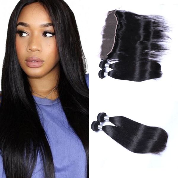 

brazilian hair weave bundles with closure double weft straight human hair 3 bundles with frontal closure ping, Black;brown