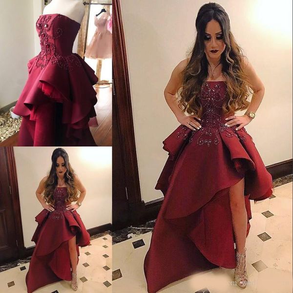 

stylish burgundy peplum prom dresses beaded strapless neck a line split side party dress floor length custom made evening gowns, Black