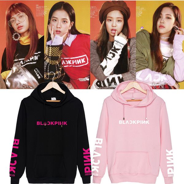 

korean fashion kpop blackpink jisoo jennie kim rose lisa japan cotton hoodies hat clothes pullovers women sweatshirts drop ship, Black