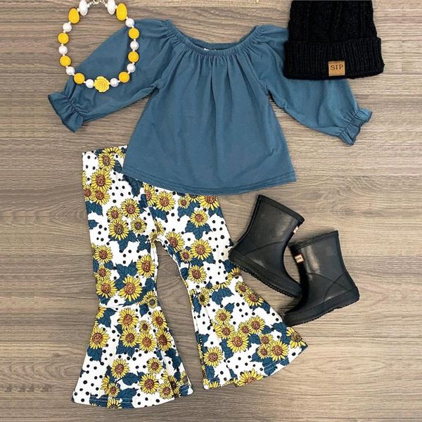 

6m-4y fashion baby girls clothes bell bottom set denim floral flares pants infant outfits set girl clothes kids w10, White