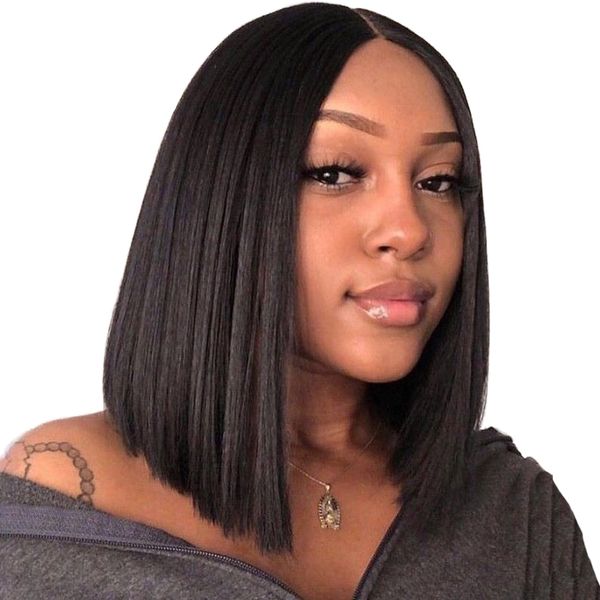 

human hair lace wigs 360 lace wig brazilian human hair yaki straight bob with preplucked bleached knots natural hairline, Black;brown