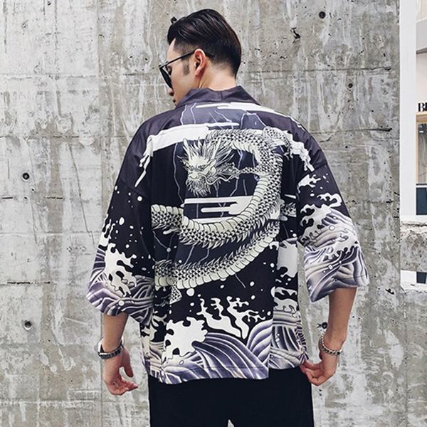 

японский стиль кимоно куртка sea wave dragon печать 2019 мужчины harajuku streetwear пальто куртки вскользь тонкий платье sweat wear япония, Black;brown