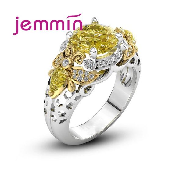 

selling new trendy accessories wedding 925 sterling silver bee shape jewelry yellow cz fashion crystal ring size 6-10, Golden;silver