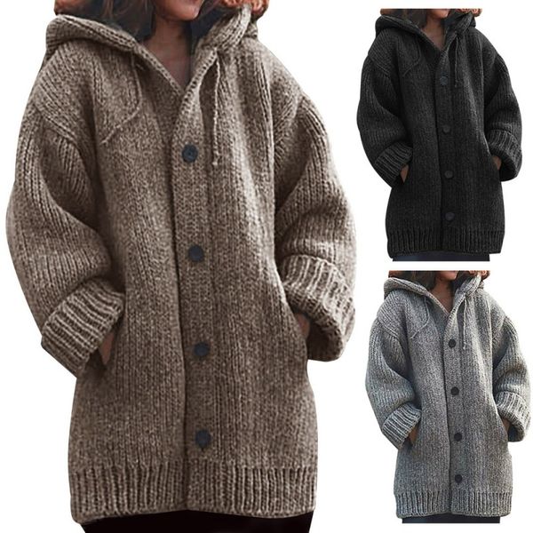 

winter jacket women oversize sweater female vintage loose hooded thick knitted long cardigan lady coat plus size outerwear, White