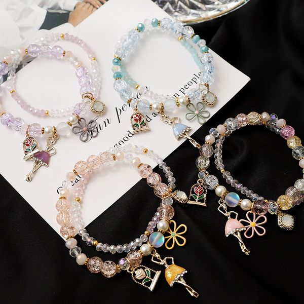 

korean creative beautiful crystal beaded bracelet for fashion sweet girl women's accessories fairy flower pendant jewelry, Black