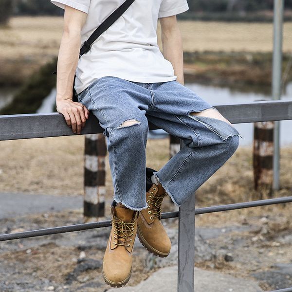 

male retro fashion streetwear hip hop ankle-length denim pants trousers men broken hole loose casual straight jeans, Blue