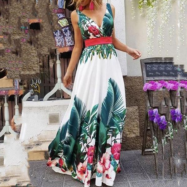 

bandage long dress 2019 summer fashion women summer v-neck sleeveless collect waist bohemian print maxi dress new ladies girl, Black;gray