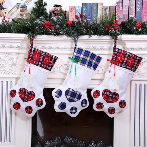 Decor for the new year 2019 Plaid Christmas Gift Bags Pet Dog Cat Paw Stocking Socks Xmas Tree Hanging Pendant Toy Doll gifts