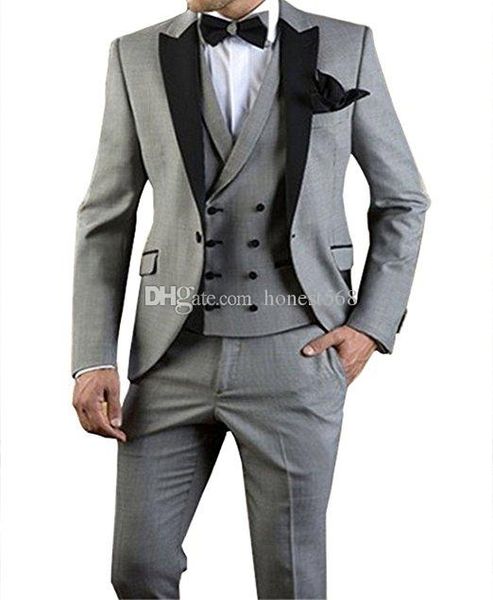 

handsome grey groomsmen peak lapel groom tuxedos men suits wedding/prom/dinner man blazer(jacket+pants+tie+vest) a291, Black;gray