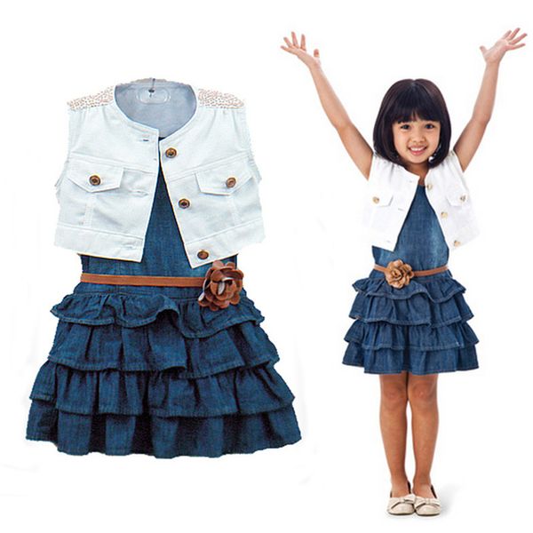 

girl kids clothes set sleeveless girl denim dresses wave skirt+white denim vest coat 2pcs kids designer clothes girls jy357