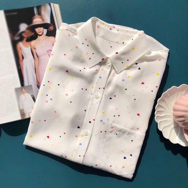 

women's blouses & shirts 100% silk brand fashion women high-end luxury autumn casual cute pocket love print long-sleeved shirt top, White