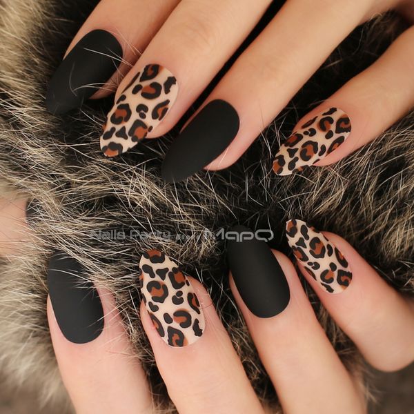

matte black almond leopard print fasle nails scrub burgundy tiger nude fake nail stiletto 24pcs full sets faux ongles, Red;gold