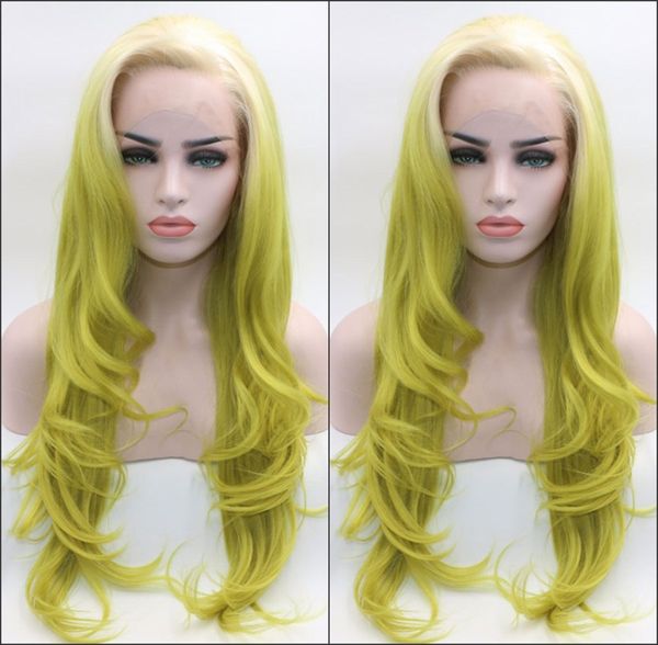 

Side Part Blonde Ombre Green Natural Wave Synthetic Lace Front Wig Glueless Heat Resistant 13X4 Frontal Wig Natural Hairline for Women, Ombre color like pictures show